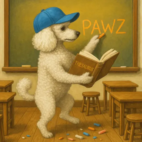 Fluffy White Poodle with Curly Fur Stands Upright