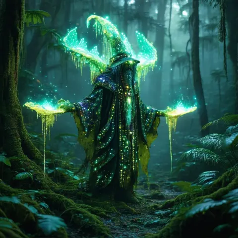 Psychedelic Bioluminescent Shaman Creature at Rainforest Dawn