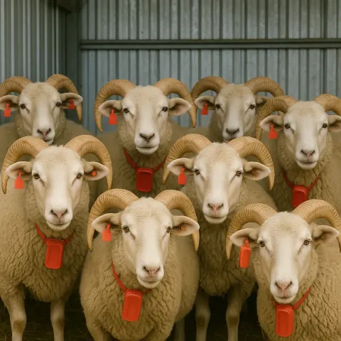 Group of Beige-horned Sheep with Red Ear Tags