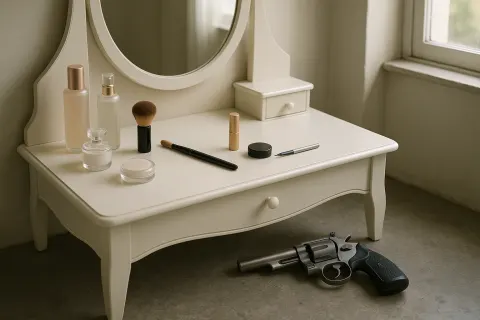 Immaculate Ivory Vanity Table Stands Adorned with Various Beauty Essentials