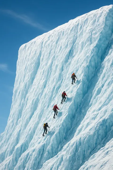 Small Group of Distant Mountaineers Slowly Ascends a Colossal
