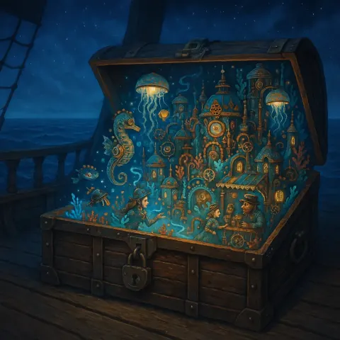 Worn Pirate Chest Rests Ajar on the Weathered Planks