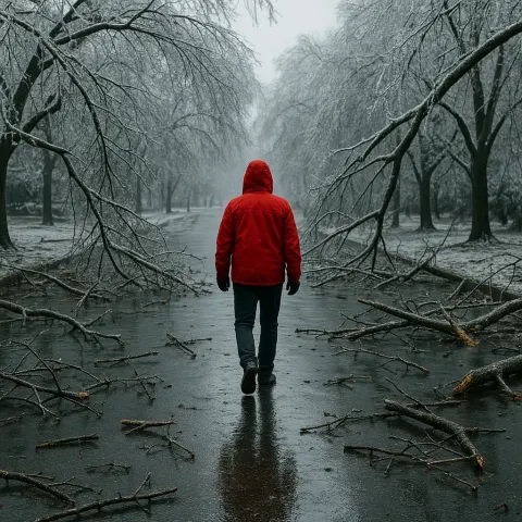 Person in a Red Jacket Walks on a Wet Street