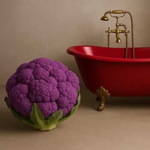 Crimson-colored Bathtub Alongside a Purple-hued Cauliflower