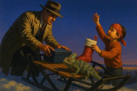 Silk-clad Detective and a Bandana-wearing Child with Raised Arm Arrange