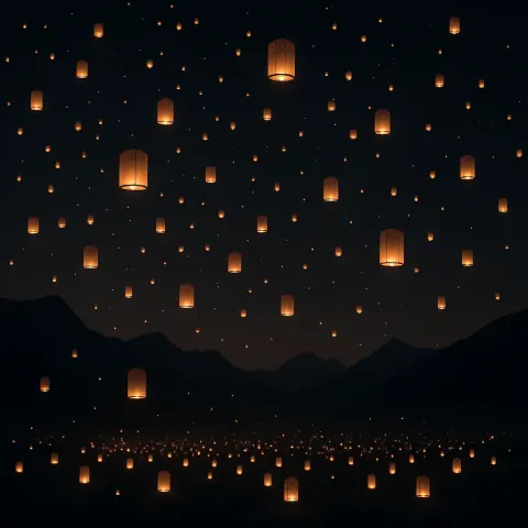 Countless Glowing Lanterns Drift Skyward from a Vast