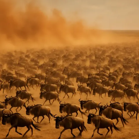 Massive Herd of Thousands of Wildebeest Stampedes Across a Vast