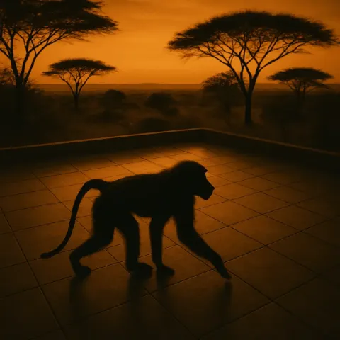 Baboon Is Silhouetted on a Patio in a Top-down