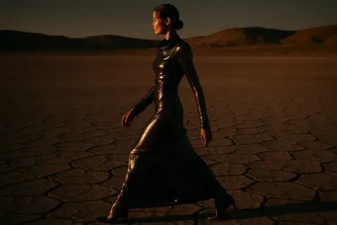 Sleek-haired Figure in Shimmering Metallic Fabric Strides in Profile