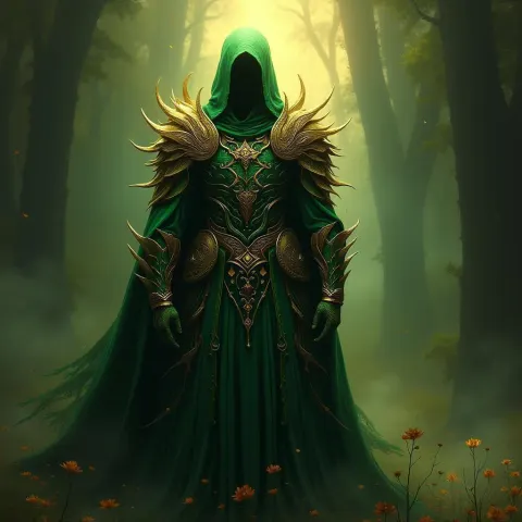 Green and Gold Warrior in Dreamlike Darkness