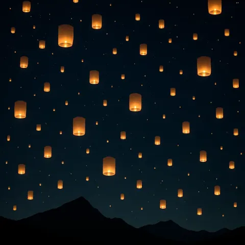 Countless Distant Paper Lanterns Drift Serenely Across a Vast