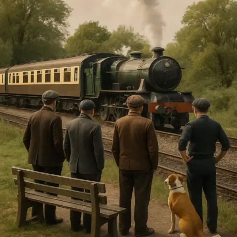 Several Men and a Dog Gather Beside a Wooden Bench
