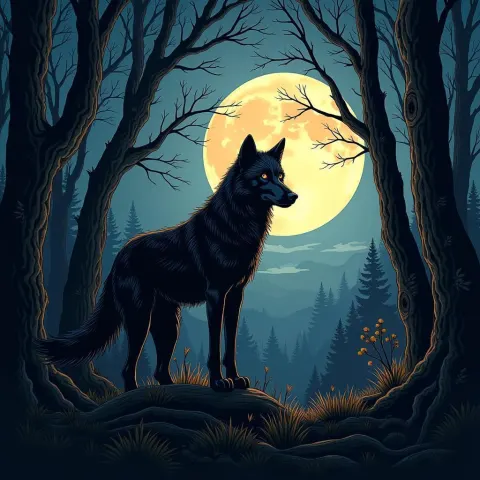 Lone Black Wolf in a Moonlit Shadow Forest