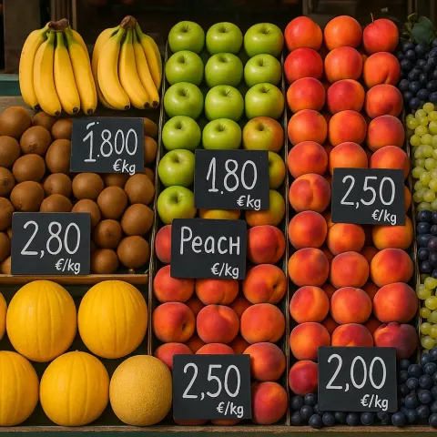 Fruit Market Stall Displaying a Variety of Fresh Fruits Including