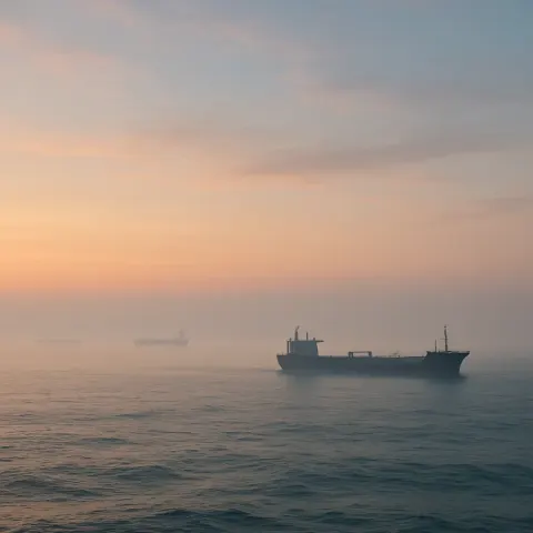 Small Fleet of Distant Cargo Ships Glides Slowly