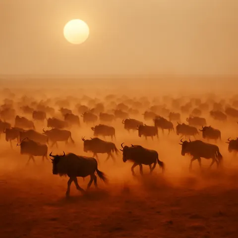 Multitude of Distant Wildebeest Stampedes Across a Vast