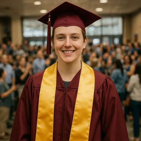Person Wearing a Maroon Graduation Cap and Gown