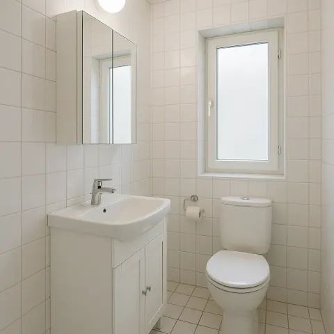 Small White-tiled Bathroom Featuring a Sink with Cabinet
