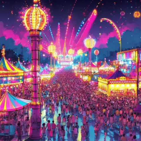 Aerial Manga View of a Night Carnival