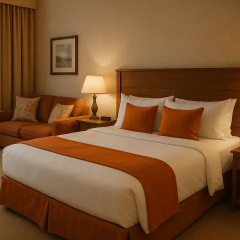 Cozy Hotel Room Featuring a Large Bed with Orange Accents