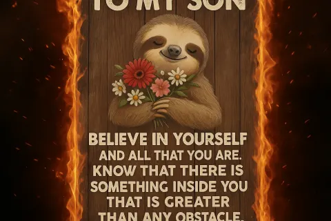 Motivational Poster Featuring a Sloth Holding Flowers on a Wooden