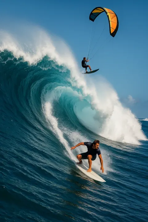 Surfer Rides a Massive Ocean Wave While a Kiteboarder Glides
