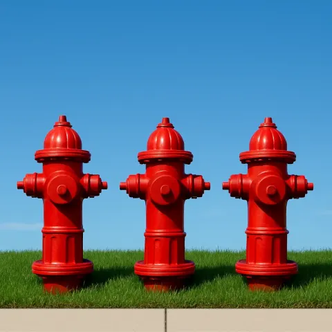 Three Red Fire Hydrants Lined Up on a Grassy Sidewalk