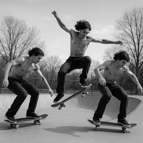 Shirtless Skateboarder Performing a Trick in a Skate Park