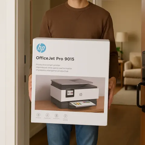 Person Holding a Box of an HP OfficeJet Pro 9015