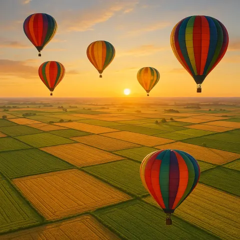 Five Brightly Colored Hot Air Balloons Drift Serenely