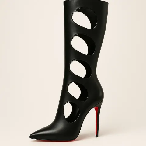 Sleek Black High-heeled Knee-length Boot with Cut-out Sections