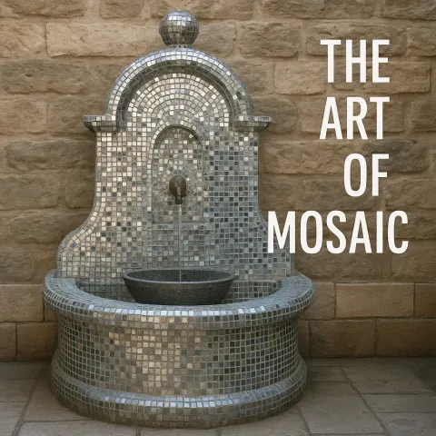 Stone Fountain Covered in Reflective Mosaic Tiles with the Text