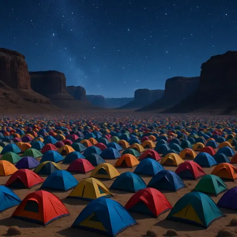 Sprawling Encampment of Countless Colorful Tents Blankets a Wide Desert