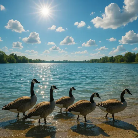 Geese Gathered at the Shoreline of a Shimmering Lake