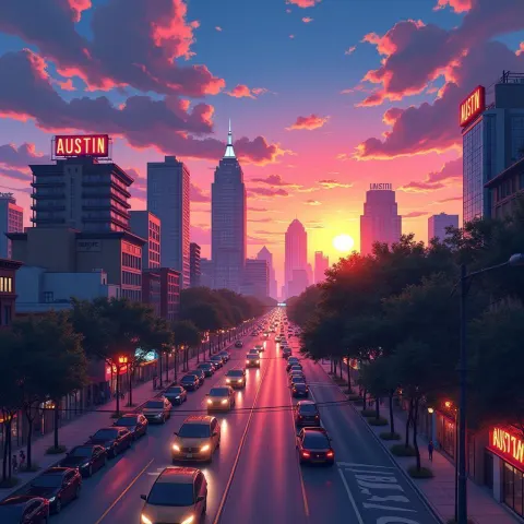 Anime Sunrise Over Downtown Austin Neon