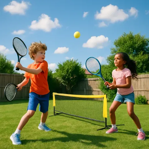 Children Playing Tennis in a Backyard