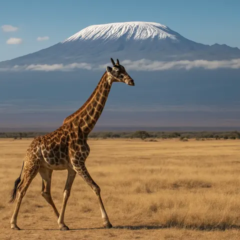 Giraffe Walking Across Dry Grasslands with a Snow-capped Mountain
