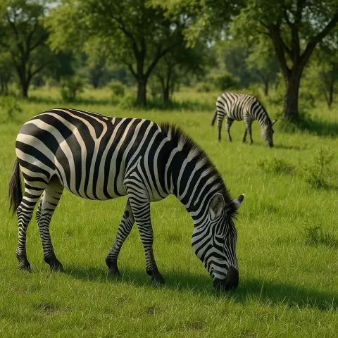 Zebra Grazing in a Grassy Field