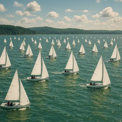 Fleet of Numerous Small Sailboats Races Across an Expansive
