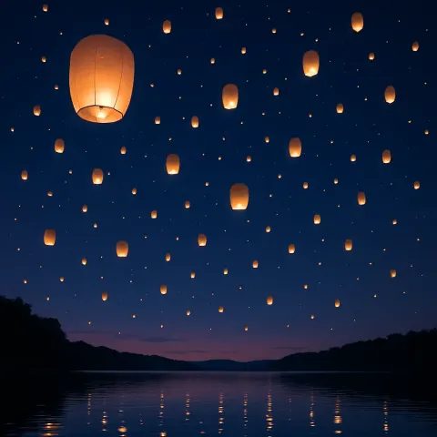 Many Softly Glowing Paper Lanterns Drift Skyward over a Vast