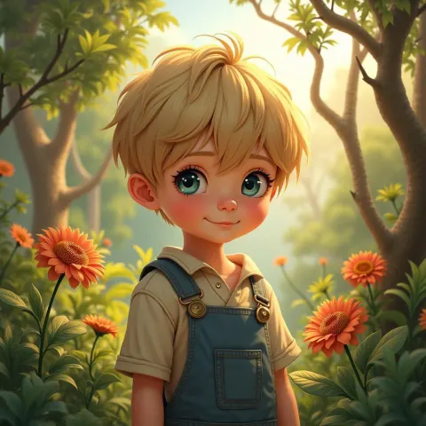Blonde Boy in a Lush Manga Flower Garden