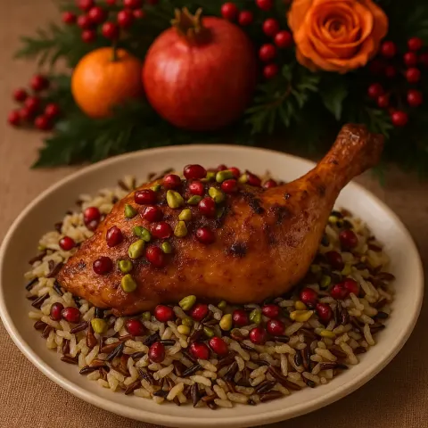 Roasted Chicken Leg Garnished with Pomegranate Seeds and Pistachios
