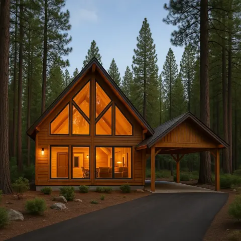 Wooden Cabin with Large Triangular Windows