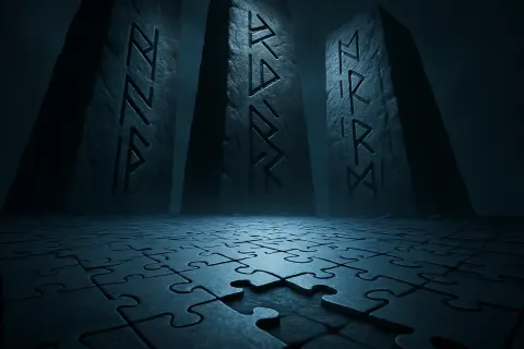 Flat Jigsaw Puzzle Lies Sharply Before Massive Rune-carved Stone Columns