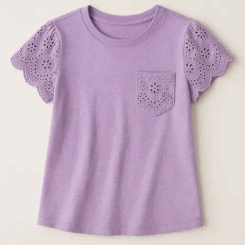 Lavender Short-sleeve Shirt with Eyelet Lace Detailing on the Sleeves