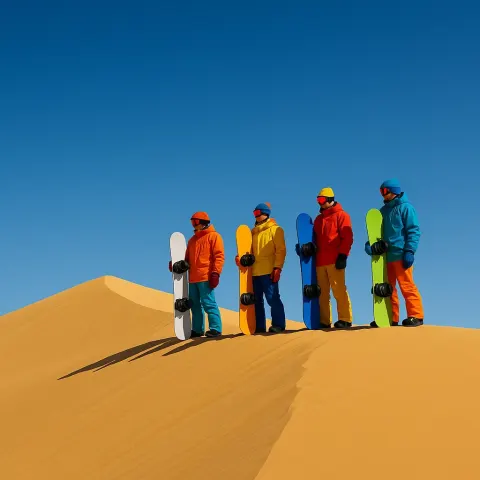 Team of Explorers Clad in Vividly Colored Snowboard Attire Stands