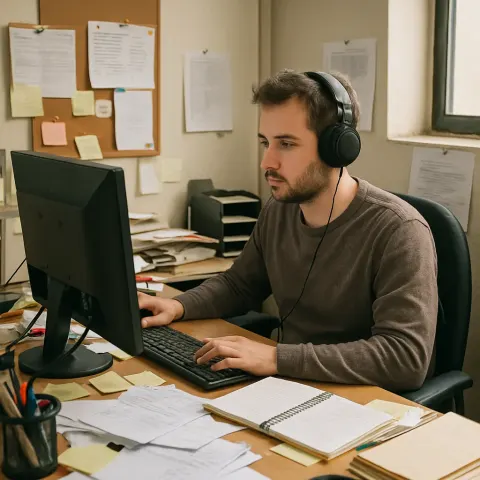 Man Wearing Headphones Works on a Computer