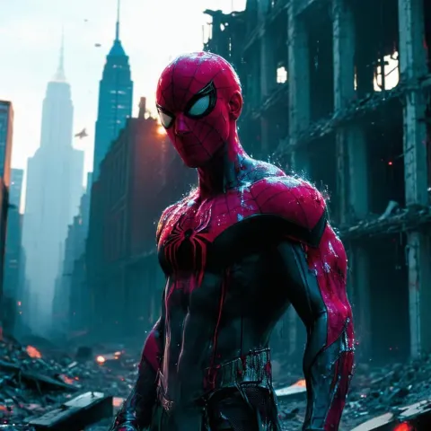 Wounded Spiderman Amid Crumbling Post Apocalyptic Skyscrapers