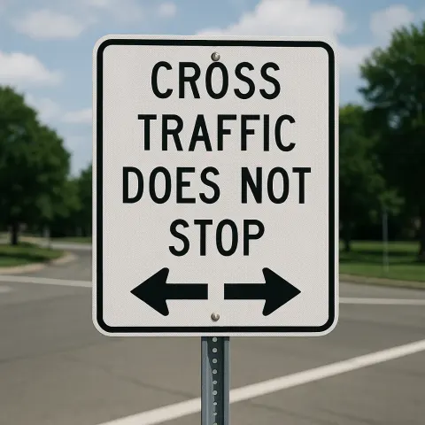 Street Sign Reads "CROSS TRAFFIC DOES NOT STOP" with Arrows