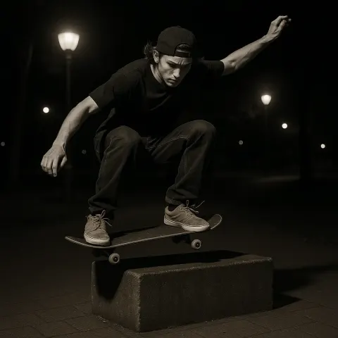 Skateboarder Performs an Ollie over a Rectangular Block at Night